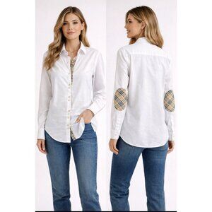 Pharaoh Charlotte Top Womens Medium White Tan Plaid Elbow Patch Long Sleeve NEW